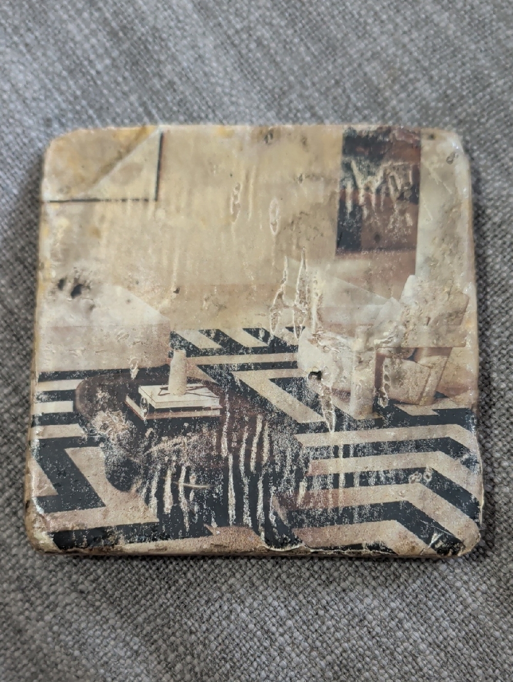 Vintage-Inspired Beige and Black Geometric Home Art Stone Coaster - Handcrafted